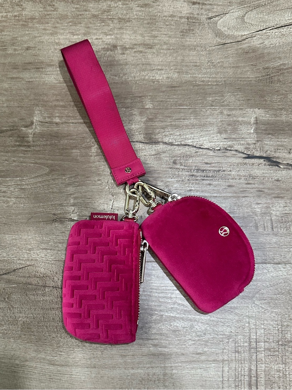 Lululemon Monogram Velvet Dual Pouch Wristlet (berry rumble)